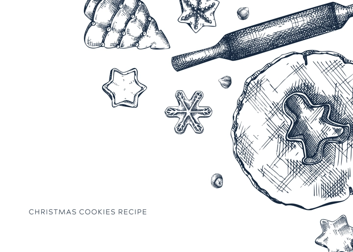 Christmas cookies banner. Sketched cooking process elements set: cookies, dough, rolling pin. Home-made cookies hand-drawings for Christmas decor, menu, recipe, banner, greeting cards.